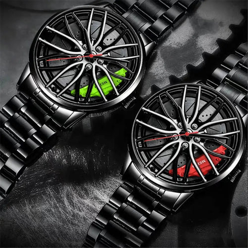 Car Wheel Watch, Stainless Steel Mens Wristwatch with Spinning Car Rim Hub Design
