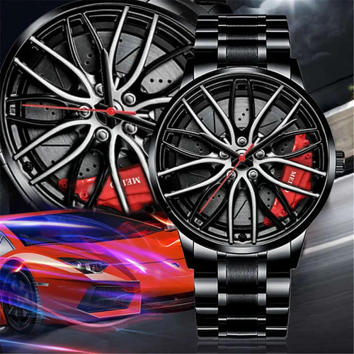 Car Wheel Watch, Stainless Steel Mens Wristwatch with Spinning Car Rim Hub Design